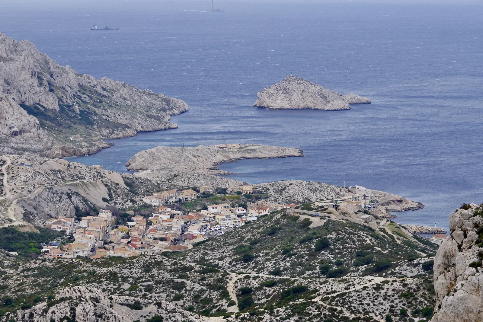 Marseille seen from the hills, with the Frioul islands behind