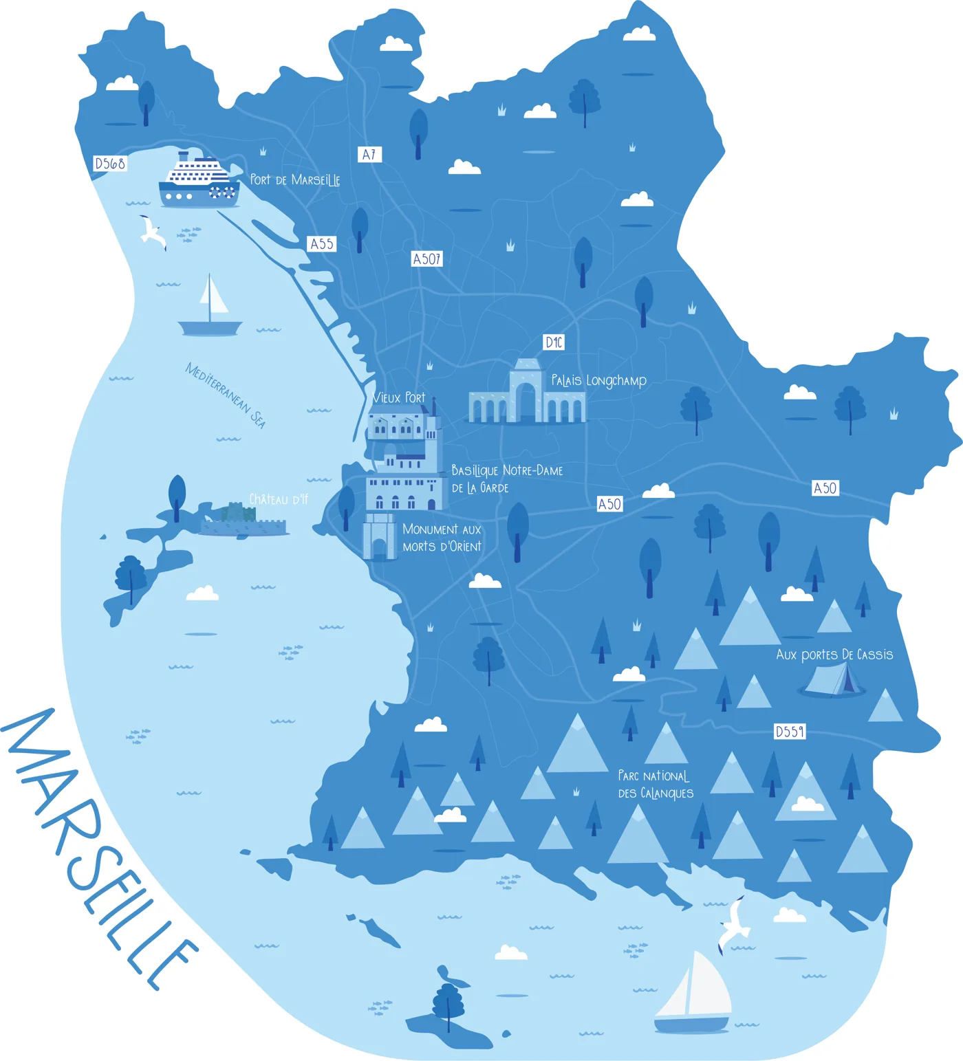 Illustrierte Karte von Marseille: Vieux-Port, Notre-Dame de la Garde, Château d’If, der Nationalpark Calanques und die Straßen nach Cassis