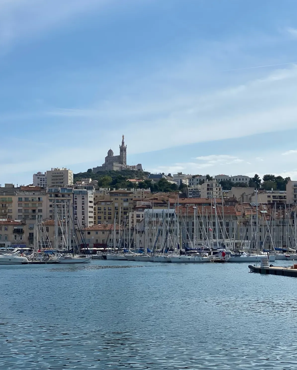The MuCEM and Fort Saint-Jean from the sea, Notre-Dame de la Garde above
